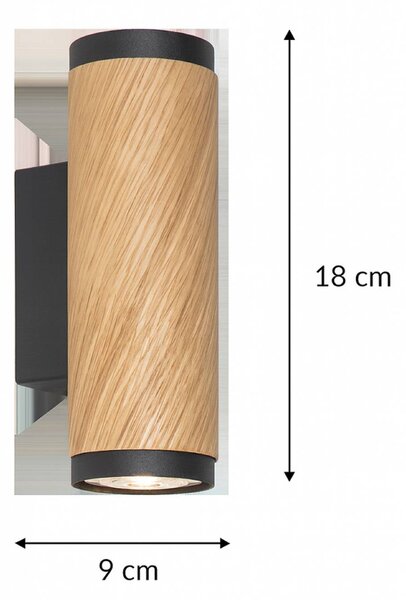 Elobra Nástenné svetlo Bolivia, dub/čierna, výška 18 cm, GU10, Svetlé drevo, Obývacia izba / jedáleň, Drevo, Moderný, Nástenné svietidlo