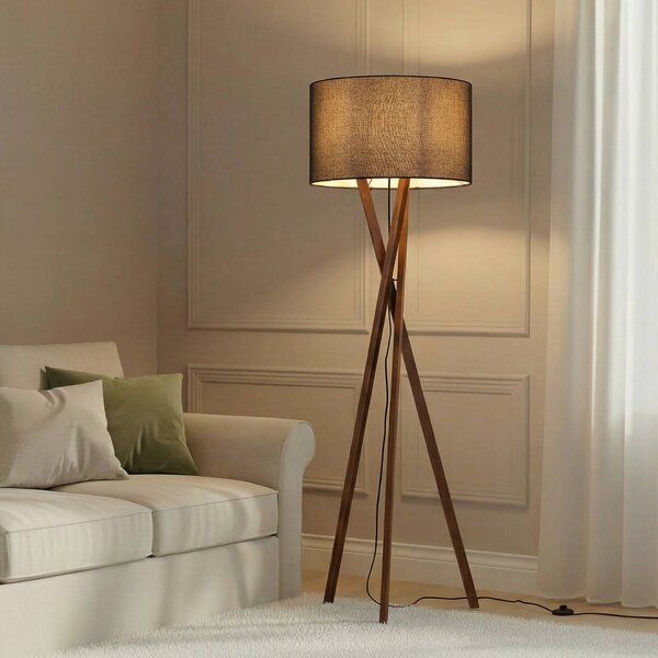 Stojacia lampa Lucande Auriane, trojnožka, čierna, látka, 160 cm, Tmavé drevo, Obývacia izba / jedáleň, Textil / látka / hodváb, Škandinávsky, Stojaca lampa