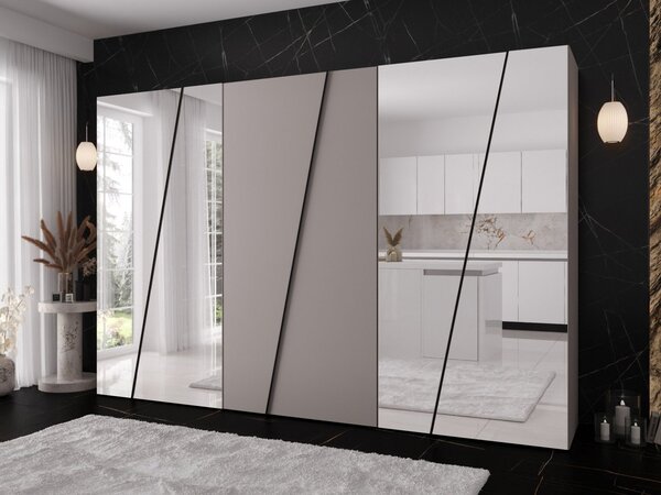Mirjan24 Moderná skriňa so zrkadlom Grelipt 4L 300 cm, Farby: kašmír / kašmír + čierna 5903211532443