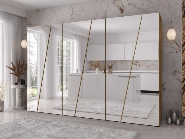 Mirjan24 Šatníková skriňa so zrkadlom Grelipt 6L 300 cm, Farby: biela / biela + čierna 5903211528897