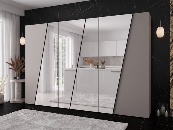 Mirjan24 Moderná skriňa so zrkadlom Grelipt 4L 300 cm, Farby: kašmír / kašmír + čierna 5903211532443