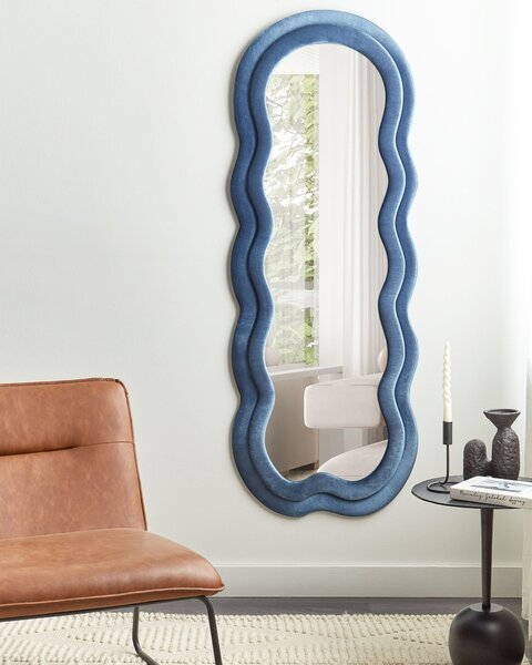 Nástenné zrkadlo modré MDF zamatový rám sklo 57 x 160 cm nepravidelný tvar závesné na stenu moderný štýl