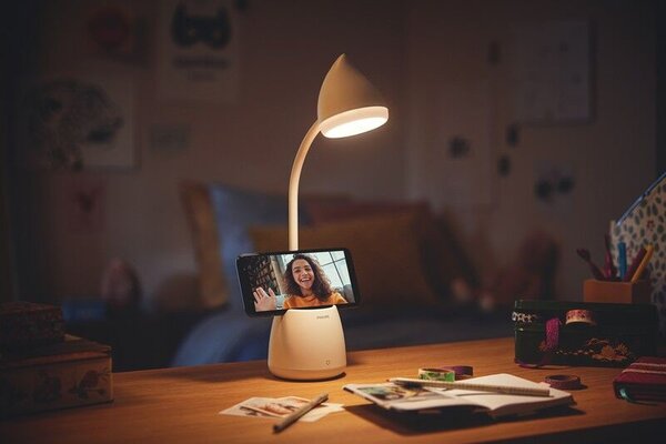 Philips 8719514443778 Hat stolná dotyková lampička so stojanom na mobil LED 4W/80lm 3000-5700K biela stmievateľná