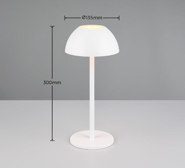 TRIO Reality R54106131 RICARDO vonkajšia dotyková stolná lampa SMD LED V300mm 1,7W/240lm 3000K IP54 biela matná, nabíjateľná batéria, USB-C port