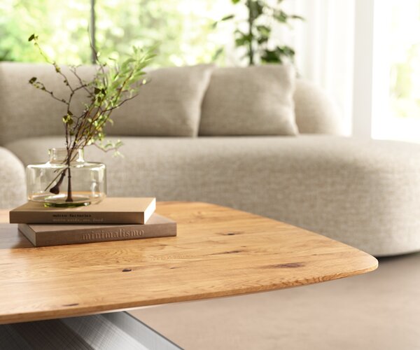 DELIFE Konferenčný stolík Edge zaoblený 90x90 cm dub prírodný švajčiarska hrana Parabi metalická strieborná