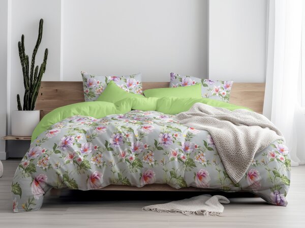 Ervi Bavlnené obliečky DUO - Magnolia a ľalia na šedom/svetlo zelené