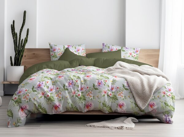 Ervi Bavlnené obliečky DUO - Magnolia a ľalia na šedom/olivové