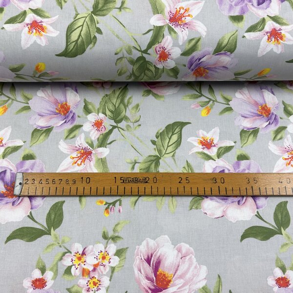 Ervi Bavlnená látka/plátno š.240cm - Magnolia a ľalia na šedom 30269-6, metráž