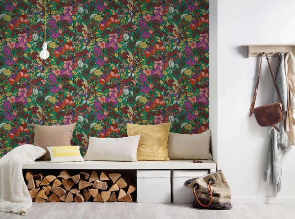A.S. Création | Vliesová tapeta na stenu AP Floral Impression 37756-1 | 0,53 x 10,05 m | zelená, viacfarebná, červená, čierna