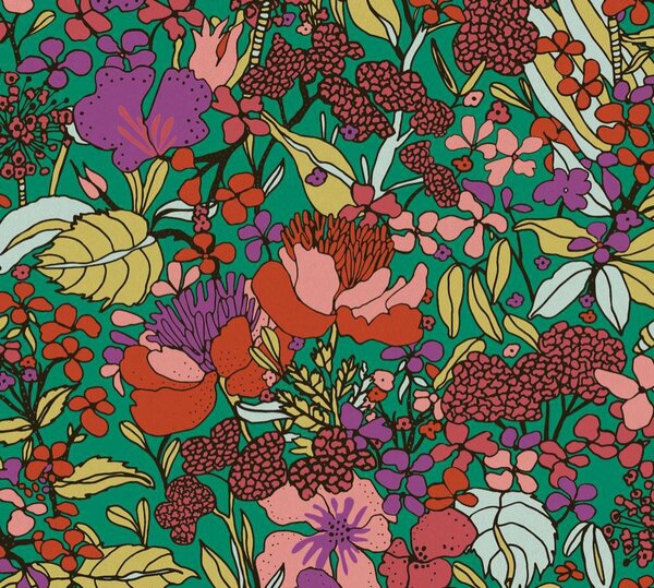 A.S. Création | Vliesová tapeta na stenu AP Floral Impression 37756-1 | 0,53 x 10,05 m | zelená, viacfarebná, červená, čierna