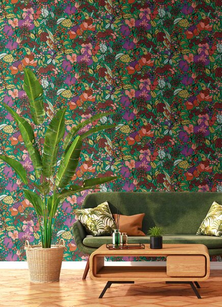 A.S. Création | Vliesová tapeta na stenu AP Floral Impression 37756-1 | 0,53 x 10,05 m | zelená, viacfarebná, červená, čierna