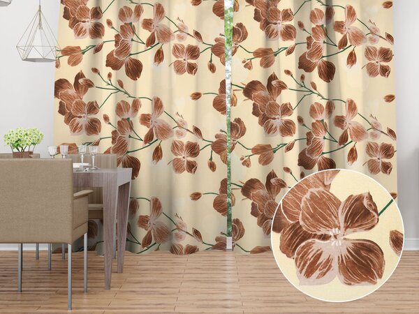 Biante Bavlnený záves Sandra SA-536 Hnedé orchidey na vanilkovo žltom 150x140 cm