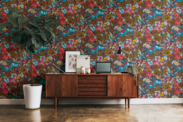 A.S. Création | Vliesová tapeta na stenu AP Floral Impression 37756-3 | 0,53 x 10,05 m | viacfarebná, modrá, červená, čierna
