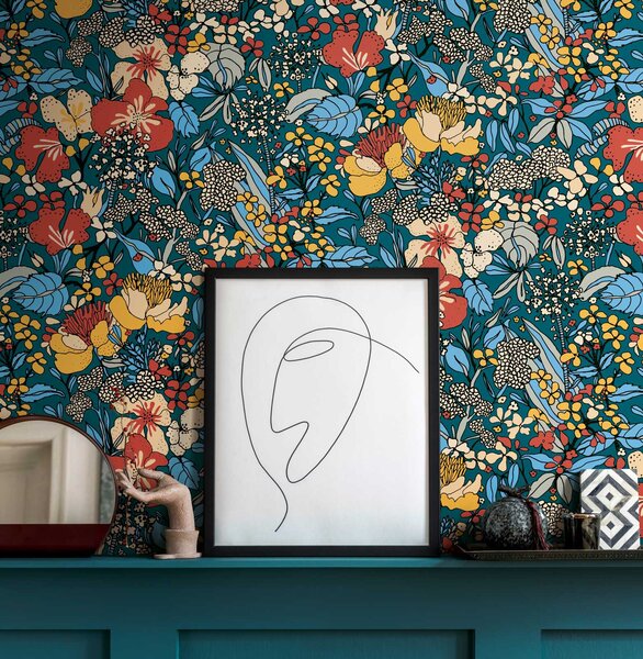 A.S. Création | Vliesová tapeta na stenu AP Floral Impression 37756-4 | 0,53 x 10,05 m | zelená, viacfarebná, modrá, čierna