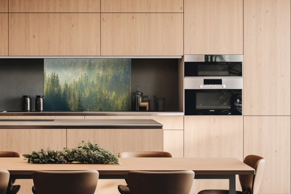 DIMEX | Dibond doska za kuchynskú linku | DBW-10060-194 Zahmlený les | 100 x 60 cm