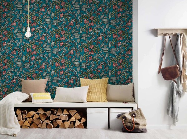 A.S. Création | Vliesová tapeta na stenu AP Floral Impression 37754-2 | 0,53 x 10,05 m | zelená, viacfarebná, modrá, čierna