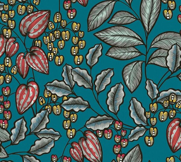 A.S. Création | Vliesová tapeta na stenu AP Floral Impression 37754-2 | 0,53 x 10,05 m | zelená, viacfarebná, modrá, čierna