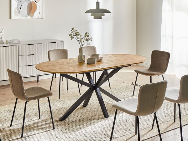 Rozkladací jedálenský stôl hnedý MDF železné nohy 140/180 x 90 cm oválny tvar moderný štýl kuchyňa jedáleň