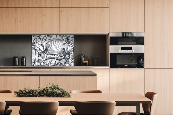 DIMEX | Dibond doska za kuchynskú linku | DBW-08060-183 Čiernobiele ryby | 80 x 60 cm