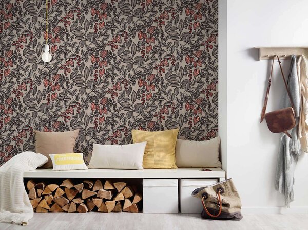A.S. Création | Vliesová tapeta na stenu AP Floral Impression 37754-3 | 0,53 x 10,05 m | červená, béžová, čierna, hnedá