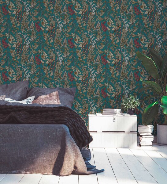 A.S. Création | Vliesová tapeta na stenu AP Floral Impression 37751-5 | 0,53 x 10,05 m | zelená, viacfarebná, modrá