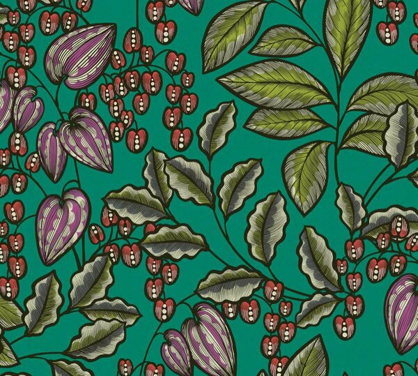 A.S. Création | Vliesová tapeta na stenu AP Floral Impression 37754-7 | 0,53 x 10,05 m | zelená, červená, fialová, čierna