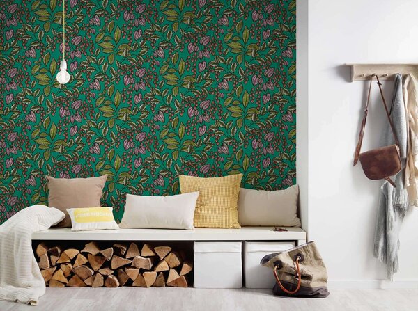 A.S. Création | Vliesová tapeta na stenu AP Floral Impression 37754-7 | 0,53 x 10,05 m | zelená, červená, fialová, čierna
