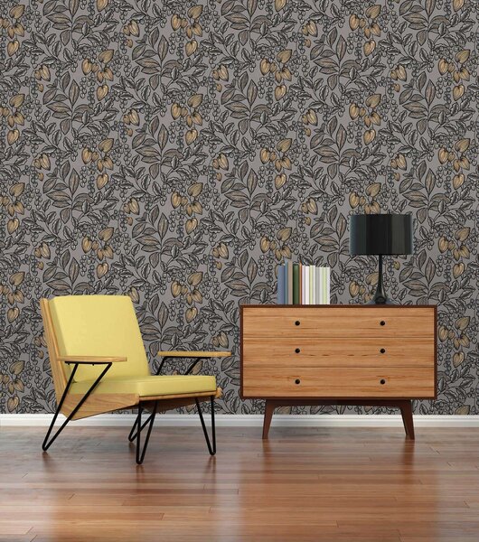 A.S. Création | Vliesová tapeta na stenu AP Floral Impression 37754-9 | 0,53 x 10,05 m | čierna, oranžová, šedá