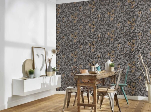 A.S. Création | Vliesová tapeta na stenu AP Floral Impression 37754-9 | 0,53 x 10,05 m | čierna, oranžová, šedá