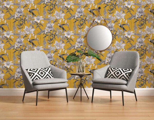 A.S. Création | Vliesová tapeta na stenu AP Jungle Chic 37701-3 | 0,53 x 10,05 m | biela, čierna, žltá, šedá
