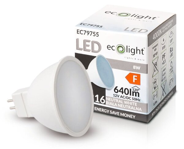 ECOLIGHT LED žiarovka MR16 12V 8W neutrálna biela
