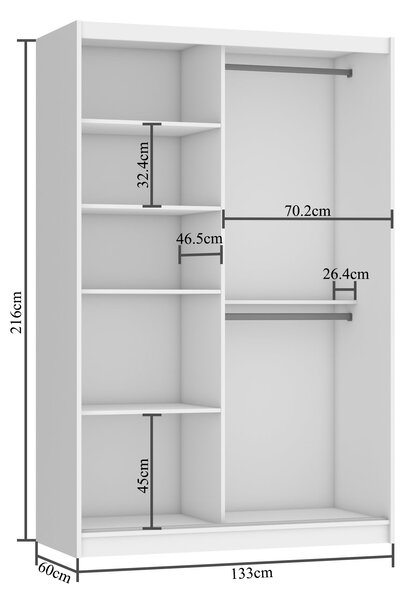 Šatníková skriňa 133 cm Belini čierny mat / dub wotan s posuvnými dverami a zrkadlom