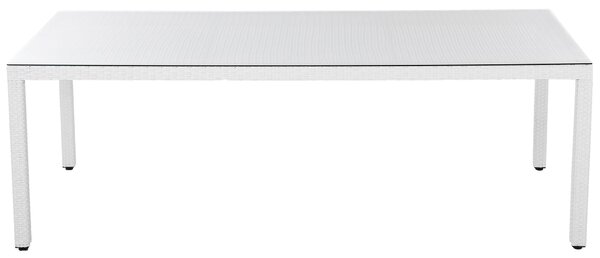 Záhradný jedálenský stôl biely umelý ratan 220 x 100 cm vrchná doska z tvrdeného skla 8 miestny obdĺžnikový