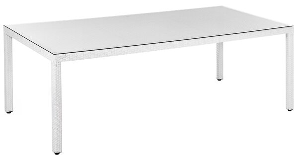Záhradný jedálenský stôl biely umelý ratan 220 x 100 cm vrchná doska z tvrdeného skla 8 miestny obdĺžnikový