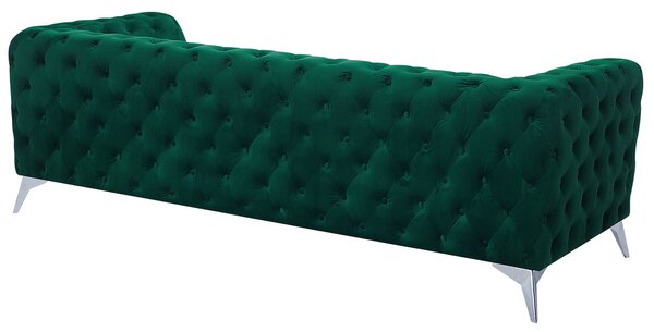 Pohovka zelená zamatové čalúnenie prešívanie s gombíkmi 3-miestna v štýle Chesterfield nízke operadlo retro glamour štýl obývačka