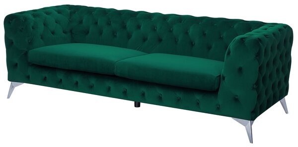 Pohovka zelená zamatové čalúnenie prešívanie s gombíkmi 3-miestna v štýle Chesterfield nízke operadlo retro glamour štýl obývačka