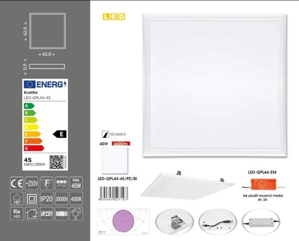 Podhľadový LED panel do sádrokartónu 45W 4000K 4600 lm (LED-GPL44-45/PD/BI)