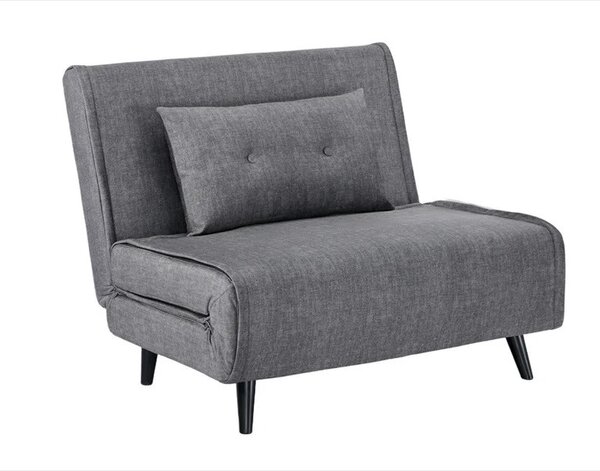 Moderné sivé zamatové kreslo Kurt s rozkladacou funkciou s vankúšom a masívnymi nohami v čiernej farbe 100 cm