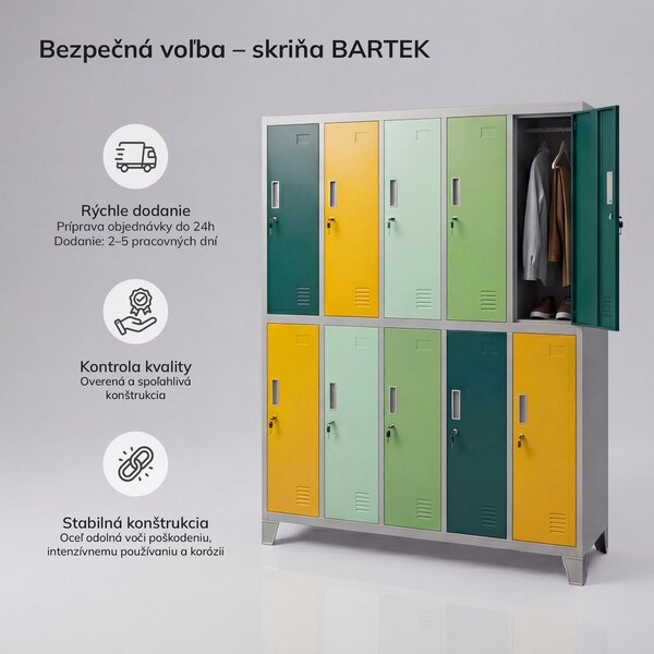 Skriňa BOZP odevná 10-dverová sivo-zeleno-žltá: BARTEK 1360 x 1720 x 450 mm