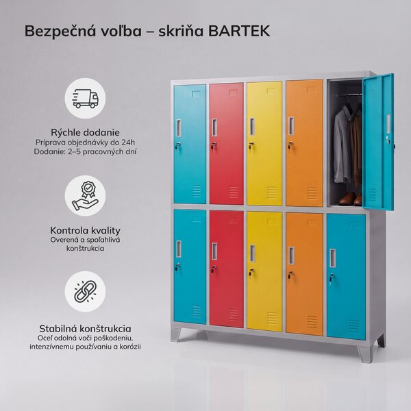 Skriňa BOZP odevná 10-dverová sivo-viacfarebná: BARTEK 1360 x 1720 x 450 mm