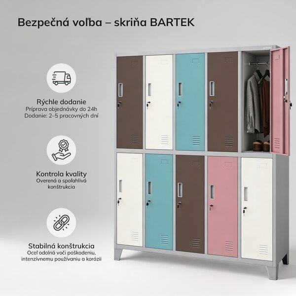 Skriňa BOZP odevná 10-dverová sivo-pastelová: BARTEK 1360 x 1720 x 450 mm