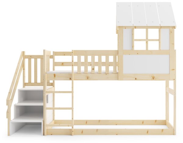 HRUŠKA Posteľ ANTRESOLA 200×90 cm so schodíkmi a strieškou – borovica