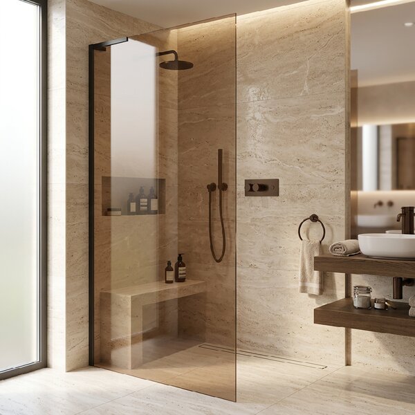CERANO - Sprchová zástena Walk-in Onyx L-ľavá vzpera - 8 mm - čierna matná, bronzové sklo - 50x200 cm