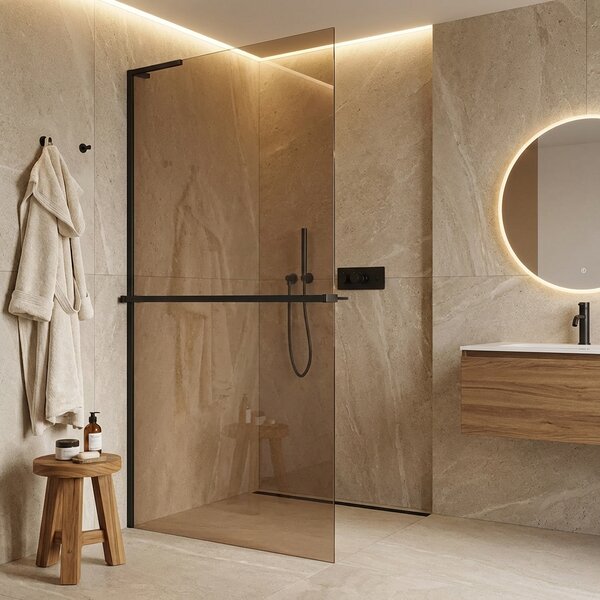 CERANO - Sprchová zástena Walk-in Onyx L-ľavá vzpera - 8 mm + polička / držiak na uteráky - čierna matná, bronzové sklo - 50x200 cm