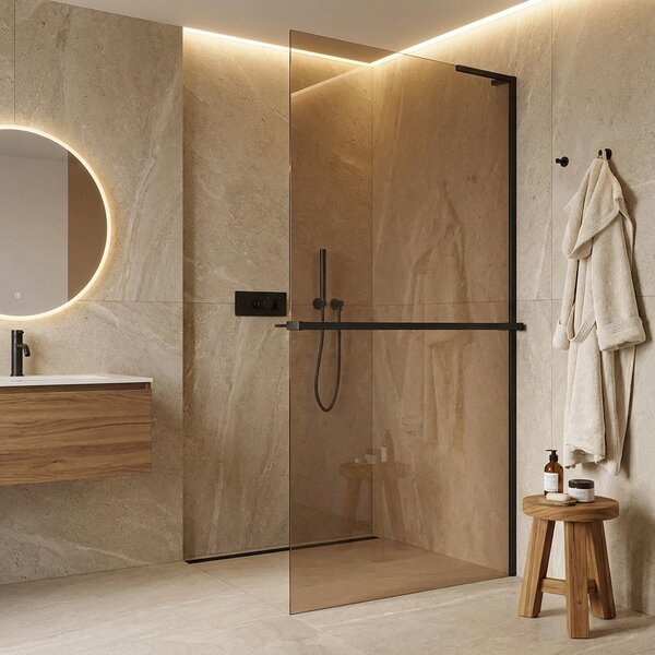 CERANO - Sprchová zástena Walk-in Onyx L-pravá vzpera - 8 mm + polička / držiak na uteráky - čierna matná, bronzové sklo - 50x200 cm