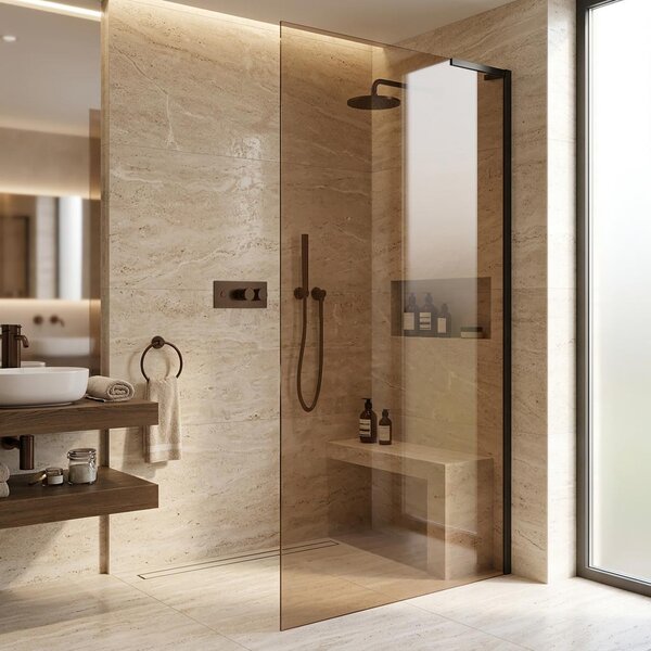 CERANO - Sprchová zástena Walk-in Onyx L-pravá vzpera - 8 mm - čierna matná, bronzové sklo - 50x200 cm
