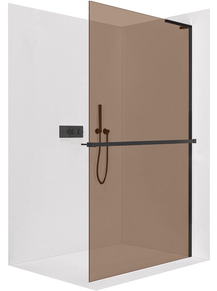 CERANO - Sprchová zástena Walk-in Onyx L-pravá vzpera - 8 mm + polička / držiak na uteráky - čierna matná, bronzové sklo - 50x200 cm