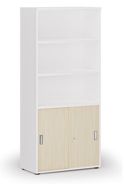 Kombinovaná kancelárska skriňa PRIMO WHITE, zasúvacie dvere na 2 poschodia, 800 x 420 x 1781 mm, biela/breza