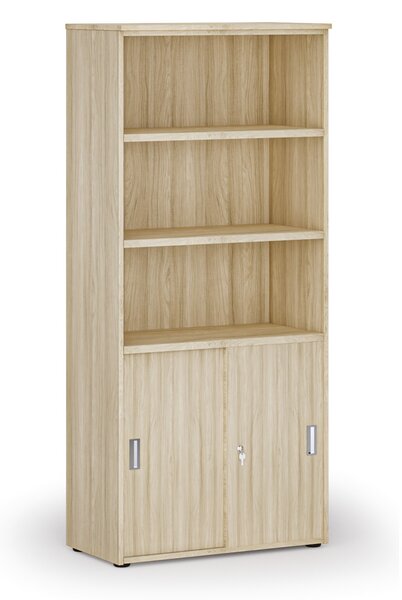 Kombinovaná kancelárska skriňa PRIMO WOOD, zasúvacie dvere na 2 poschodia, 800 x 420 x 1781 mm, dub prírodný