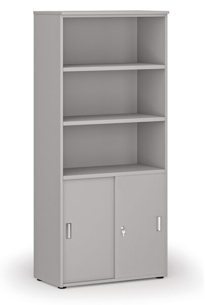 Kombinovaná kancelárska skriňa PRIMO GRAY, zasúvacie dvere na 2 poschodia, 800 x 420 x 1781 mm, sivá